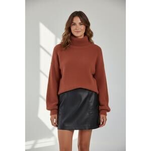 4SI3NNA Brown Crop Turtleneck Sweater Fuzzy Texture Long Sleeve M NWT